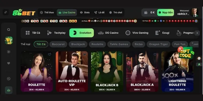 Khám phá trò chơi tại sảnh Playtech Live 86bet