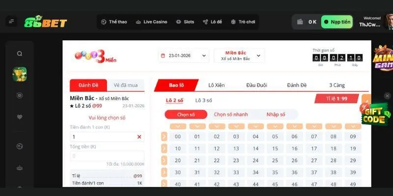 Tỷ lệ thưởng tại sảnh xổ số lô đề 86BET